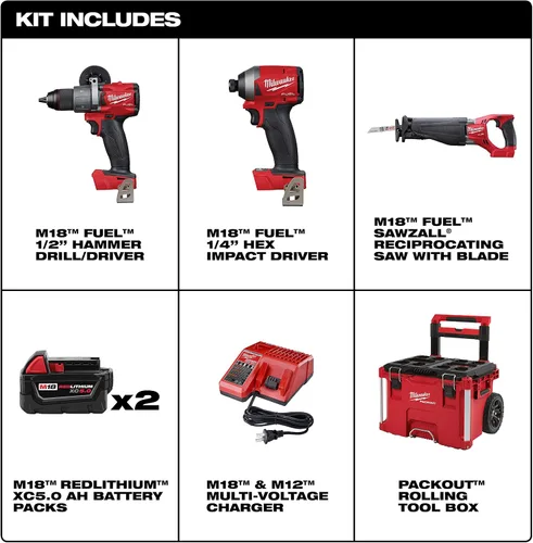 Miniatura 2 de Milwaukee 2997-23SPO M18 FUEL Kit combinado inalámbrico sin escobillas de iones de litio de 18 voltios (3 herramientas) con dos baterías de 5.0 Ah