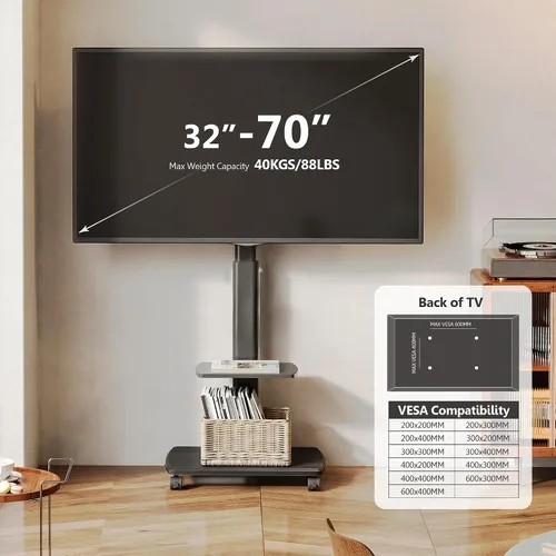 Miniatura 4 de FITUEYES Soporte de TV rodante, carrito de TV móvil con ruedas para pantalla plana de 32-65 y 70 pulgadas, soporte de TV de piso alto con soporte