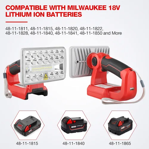 Miniatura 2 de Luz de inundación portátil de 18 W, 2000 lm, compatible con batería Milwaukee de 18 V, linterna con puerto USB-A para trabajo, camping, reparación