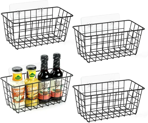 Miniatura 7 de ZUSHALLMY Paquete de 2 cestas de cocina colgantes, cesta de almacenamiento de pared de alambre adhesivo, cestas de frutas colgantes sin perforar