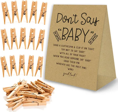 Miniatura 9 de Juego de pinzas para la ropa de baby shower, un cartel de papel recubierto de 5 x 7 pulgadas y 50 pinzas naturales para la ropa, baby shower