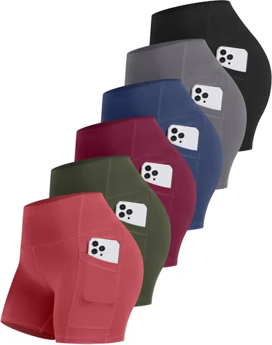 Miniatura 12 de CHRLEISURE - 6 paquetes de pantalones cortos de mujer estilo biker con bolsillo, pantalones cortos de elastano de control de abdomen de 5 pulgadas