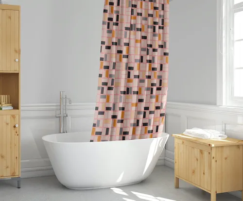 Miniatura 5 de Cortina de ducha MidMod rosa – 72 x 72 pulgadas, cortina de baño moderna de mediados de siglo con patrón cuadrado abstracto, diseño retro de tela