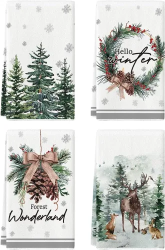 Artoid Mode Árboles de Alce Piñas de Pino Bayas de Acebo Hola Invierno Toallas de Cocina, Toallas de Mano de Decoración de Navidad con Moño de 4