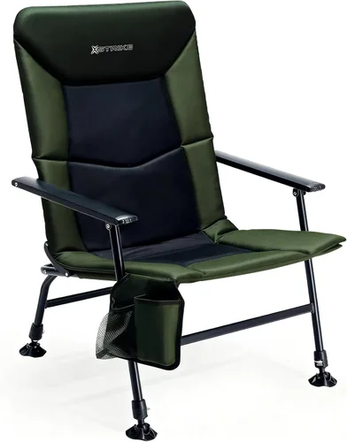 X Strike Silla de pesca plegable de gran tamaño con soporte para caña, resistente, 350 libras, pies ajustables y acolchados, silla de camping con