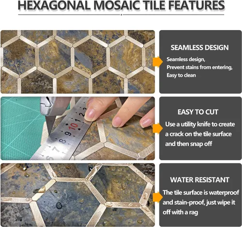Miniatura 5 de STICKGOO Azulejo Hexagonal de Pelar y Pegar para Salpicadero, Salpicadero Adhesivo para Cocina y Baño, Aspecto de Pizarra Oxidada PVC Mezclado Metal