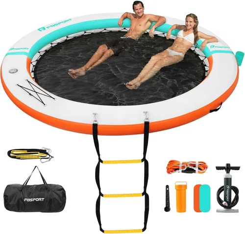 Miniatura 16 de FBSPORT Hamaca inflable de agua redonda flotante, 10/8/6 pies, plataforma flotante para lago con portavasos, flotador solar, balsa fría, anillo