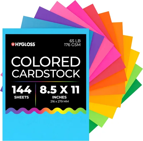 Hygloss Cartulina de colores brillantes, 8.5 x 11 pulgadas, 12 colores surtidos, 144 hojas, 65 libras/176 gsm, resistente a la decoloración, papel