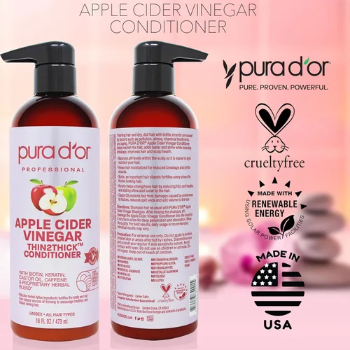 Miniatura 4 de PURA D'OR Acondicionador Thin2Thick de vinagre de sidra de manzana de 16 onzas, biotina, queratina, cafeína, aceite de ricino e ingredientes activos