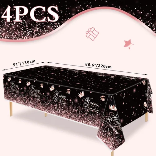 Miniatura 7 de Mantel de plástico color oro rosa negro (paquete de 4), 86 x 51 pulgadas, manteles para fiesta de cumpleaños y fiesta de boda de niñas y mujeres