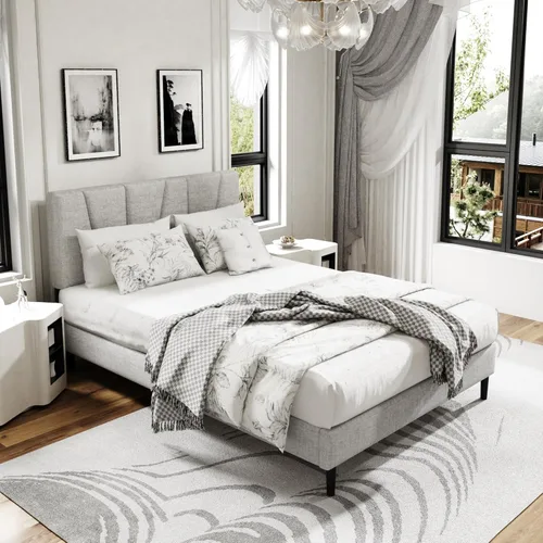 Miniatura 15 de Sismplly - Base de cama plataforma tamaño Queen con cabecero tapizado, soporte de listones de madera, sin ruido, no necesita somier, fácil montaje