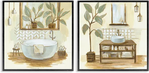 Stupell Industries Plantas tradicionales para interiores de baño verde salvia, diseño de Silvia Vassileva - Arte de pared enmarcado en negro, 12 x