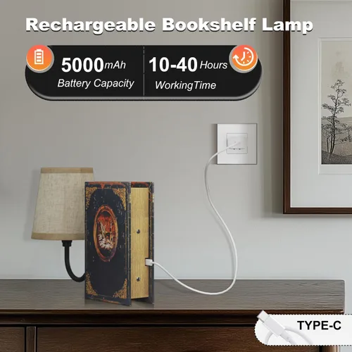 Miniatura 6 de Juego de dos lámparas vintage para estantería recargable, lámpara de libro inalámbrica con pantalla de lino, lámpara de mesa regulable con control