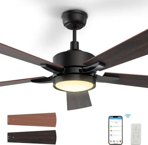 SMAAIR Ventilador de techo inteligente con luz de 52 pulgadas, control remoto de 10 velocidades/aplicación, luz LED regulable moderna, motor CC