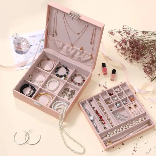 Miniatura 7 de BEWISHOME Joyero para niñas, organizador de joyas de 35 compartimentos, 6 ganchos para collares, 2 capas, cajas de joyería, estuche