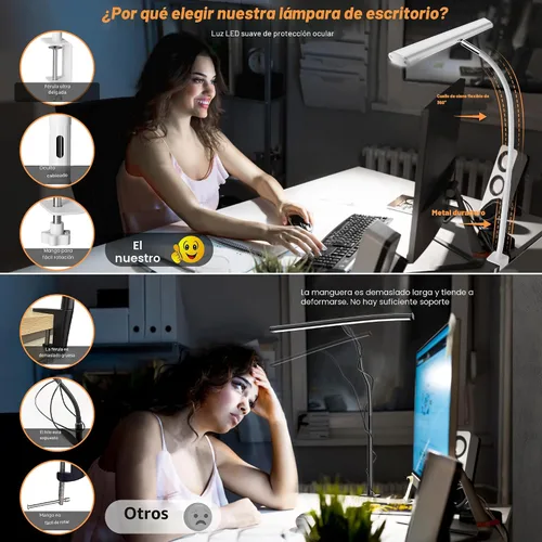 Miniatura 4 de Airlonv Lámpara de escritorio LED para oficina y hogar, luz de escritorio que cuida los ojos con atenuación continua, cuello de cisne flexible Blanco