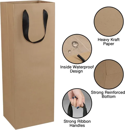 Miniatura 2 de Aimyoo Bolsas de regalo para botella de vino marrón a granel, paquete de 10 bolsas de regalo de papel kraft con asas de 4 x 4 x 14 pulgadas
