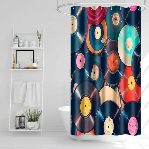 YLOKTP0796 - Cortina de ducha con música retro, 36 x 72 pulgadas, discos musicales, álbum de baño, bañeras, juego de decoración con 6 ganchos