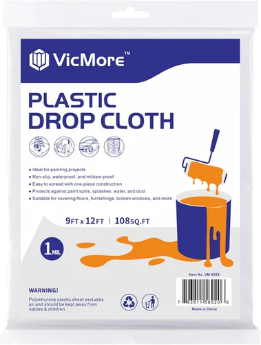 Miniatura 9 de VICMORE Paquete de 2 paños de plástico de 9 pies por 12 pies, cubierta de piso de pintura de plástico para muebles, cubierta impermeable