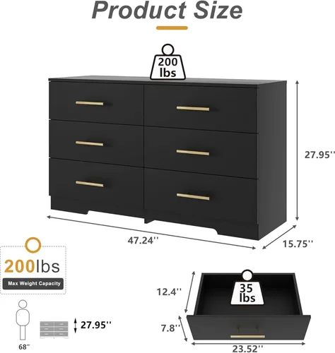 Miniatura 2 de Spaco Cómoda negra para dormitorio, cómoda moderna y grande de 6 cajones con asa dorada, cómoda de almacenamiento, mueble de madera para TV, mueble