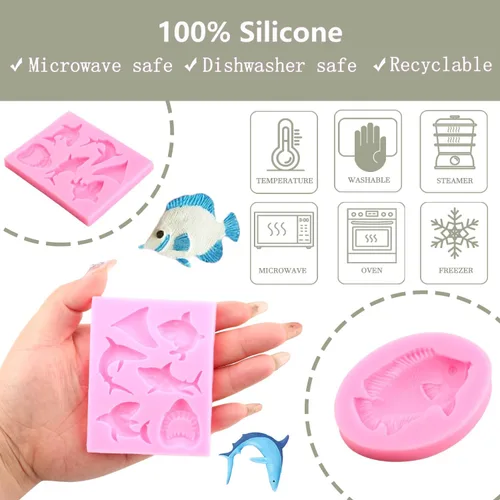 Miniatura 4 de ZiXiang Molde de fondant con temática marina, moldes de silicona para peces, tiburones marinos, coral, caramelo, para decoración de tartas
