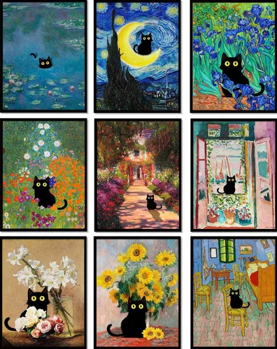 9 piezas de arte de pared de gatos negros divertidos, gatos en pinturas famosas, pósteres e impresiones, decoración de pared de galería vintage,