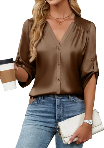 Miniatura 26 de Blooming Jelly Camisas con botones para mujer de manga 3/4, tops casuales elegantes, blusas de negocios de satén de seda plisado 2025
