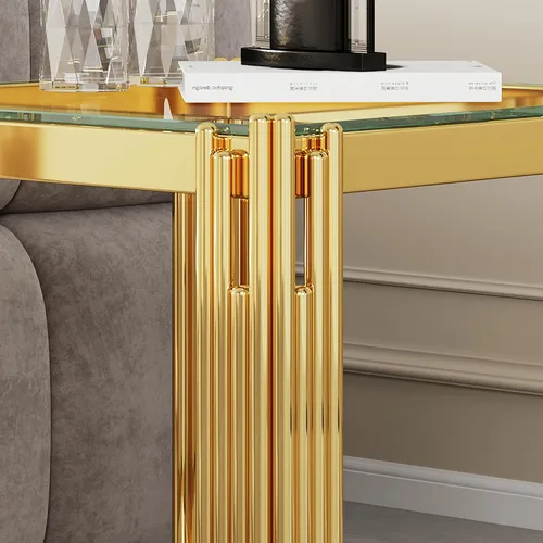 Miniatura 220 de Mesa de centro de cristal de lujo, mesa de centro de sofá de 47 pulgadas con marco de acero inoxidable dorado y parte superior de vidrio negro, mesa