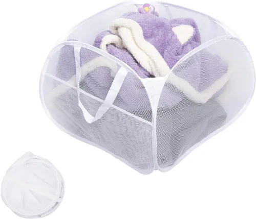 Cesta de lavandería plegable, cesta de lavandería emergente de 90L con asas, cesta de ropa sucia de malla para lavandería, baño, habitación de Blanco