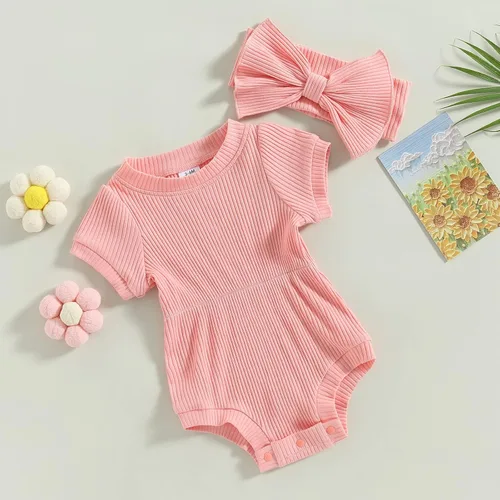 Miniatura 81 de Traje de verano para niña pequeña, de manga corta, acanalado, overol liso, pantalones cortos, ropa para recién nacidos
