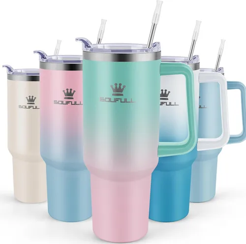 Miniatura 16 de Vaso de 40 onzas con asa y tapa con popote, taza de café de viaje 100% a prueba de fugas, taza aislada de acero inoxidable para bebidas frías