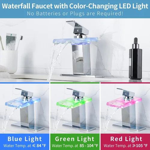 Miniatura 2 de Grifo LED para lavabo de baño, grifo cromado de un solo orificio o cascada central de 4 pulgadas con boquilla de vidrio y luces LED sensibles a