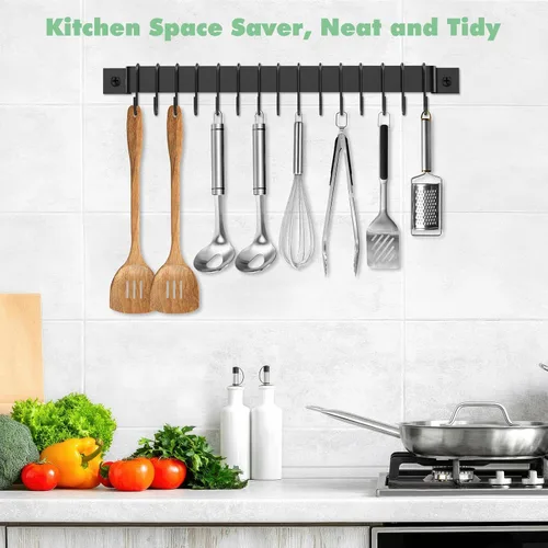Miniatura 2 de Housolution Riel de cocina con 15 ganchos, 16 pulgadas montado en la pared, colgador de utensilios de cocina para cocina, 1 paquete, color negro