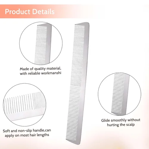 Miniatura 3 de Peine de metal de acero inoxidable con dientes finos para el cabello, antiestático, parte superior plana, peine de peluquero para peinar el cabello