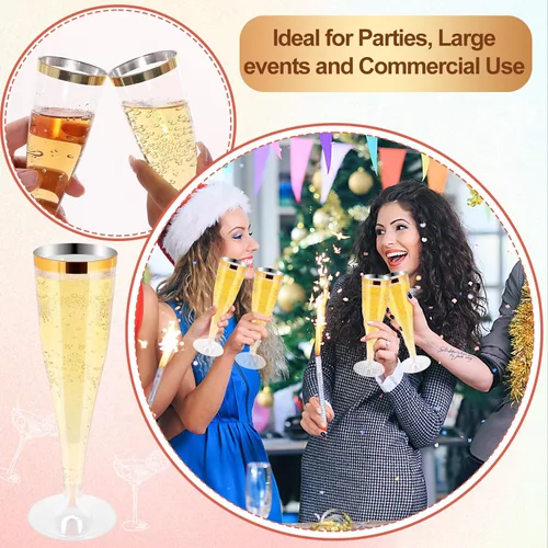 Miniatura 5 de Paquete de 100 copas de champán de plástico desechables, copas de champán de plástico con borde dorado, flauta de champán desechable transparente