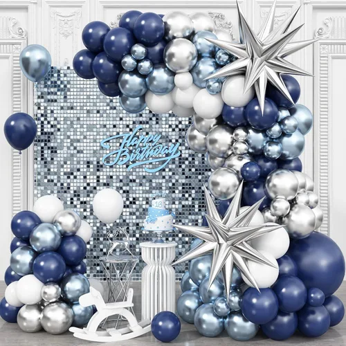 Kit de arco de globos azul plateado, guirnalda de globos azul marino plateado con globos metálicos azul claro plateado globos de papel de aluminio
