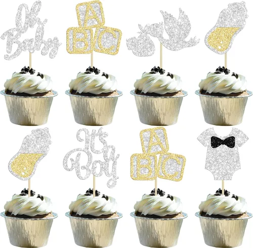 Miniatura 11 de 24 piezas de decoración para cupcakes de baby shower Oh Baby con moño, botella para niño, azul profundo, purpurina para pasteles, decoraciones