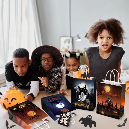Miniatura 5 de BLEWINDZ 24 bolsas de regalo de papel de Halloween con pañuelos, bolsas de golosinas de Halloween con asa para truco o trato y recuerdos de fiesta