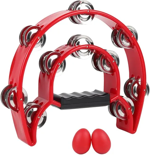 Miniatura 9 de Pandereta de Doble Fila con Cascabeles de Metal, Instrumento de Percusión de Mano en Forma de Media Luna para Adultos y Niños, Fiestas, KTV, Negro