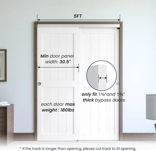 Miniatura 2 de SMARTSTANDARD Kit de herrajes para puertas corredizas de 60 pulgadas/5 pies para armario de gabinete, herrajes de puerta de aleación de aluminio