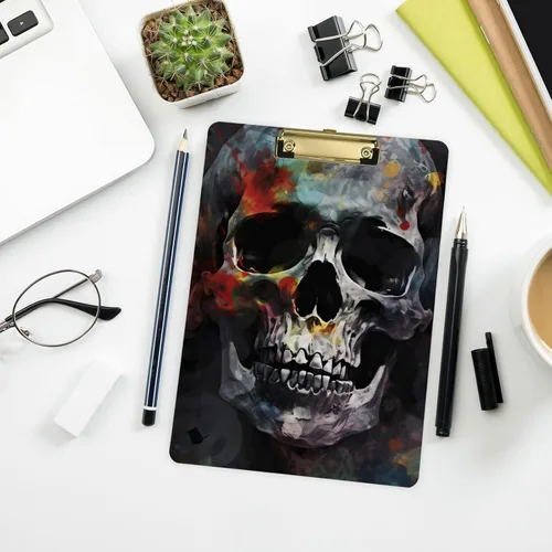 Miniatura 8 de Vnurnrn Portapapeles de plástico de calaveras coloridas con gancho tamaño A4 12.5 X 9 pulgadas clip de plata para dibujo oficina