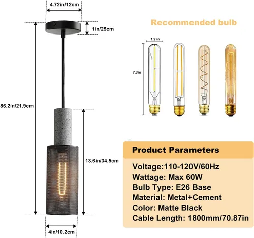 Miniatura 7 de Paquete de 1 lámpara colgante moderna con hormigón y pantalla de metal negro de 4 pulgadas, lámpara colgante industrial, iluminación de techo, isla