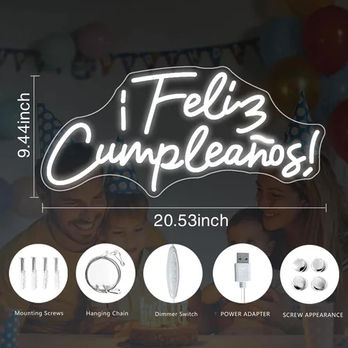 Miniatura 2 de Cartel de neón LED de Feliz Cumpleaños, más grande para decoración de pared con modulador de luz de cadena USB, reutilizable, letrero LED