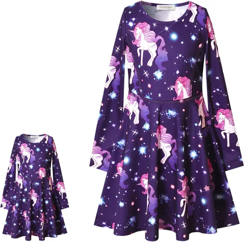 Miniatura 8 de Perfashion Vestidos a juego para niñas y muñecas sin mangas/manga larga, acampanados, faldas de fiesta de unicornio