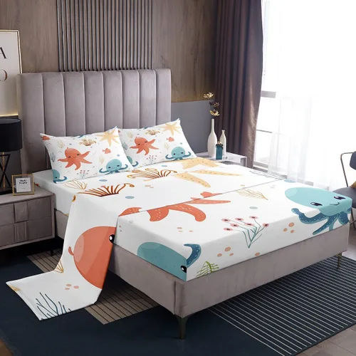Miniatura 33 de Erosebridal Juego de sábanas de ballena náutica, tamaño individual, juego de ropa de cama vintage azul con ondas oceánicas para niños y niñas