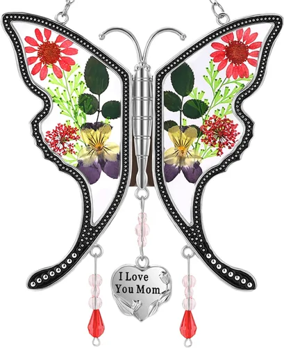 Miniatura 13 de KY&BOSAM Atrapasoles de mariposa con texto en inglés "I Love You Sister" para ventanas con flores secas y prensadas reales, dije de corazón grabado