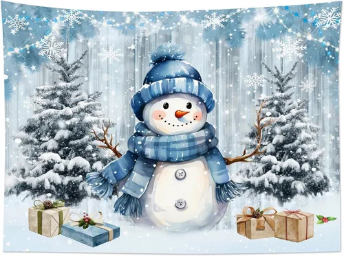 Miniatura 5 de HVEST Tapiz navideño de invierno para colgar en la pared, muñeco de nieve divertido con sombrero azul y tapices de regalo de Navidad, tapiz de pino