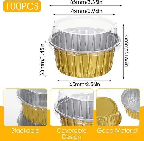 Miniatura 2 de 100 moldes redondos desechables de papel de aluminio de 5 onzas con tapas a juego Portable Disposable Foil Baking Cups, Ideal Food Containers for