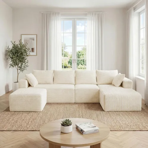 Miniatura 34 de Sofá otomano modular de pana de 28 pulgadas sin hueso, sofá otomano seccional para sala de estar, color beige