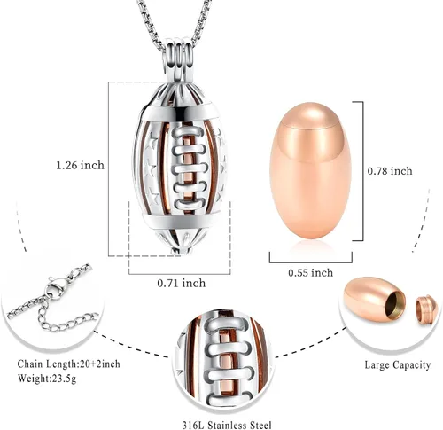 Miniatura 2 de Oinsi Collar con medallón de cremación de fútbol americano para cenizas de seres queridos, urna conmemorativa de acero inoxidable, joyería